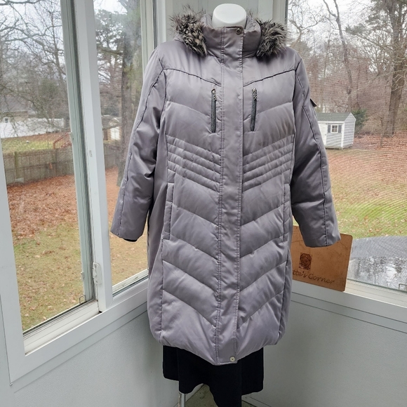 Zero Xposur Silver Faux Fur Trim Hood Down Utility Quilted Puffer Coat - Picture 3 of 16